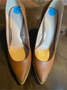 BCBGeneration Tan Pointed Toe Pumps with Gold Accent
